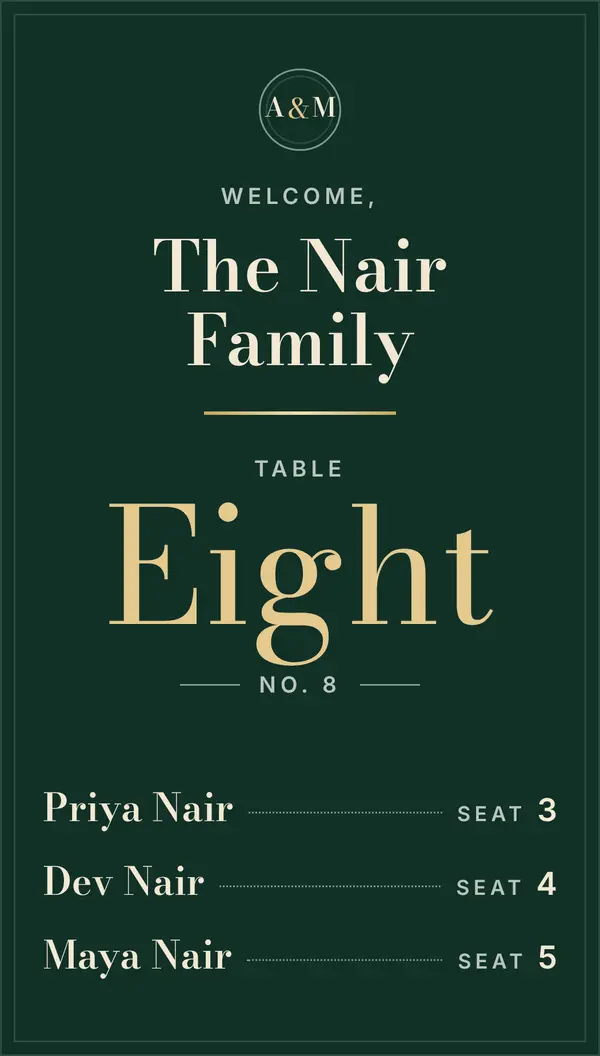 The place card in the Candlelight look: deep green with champagne type.