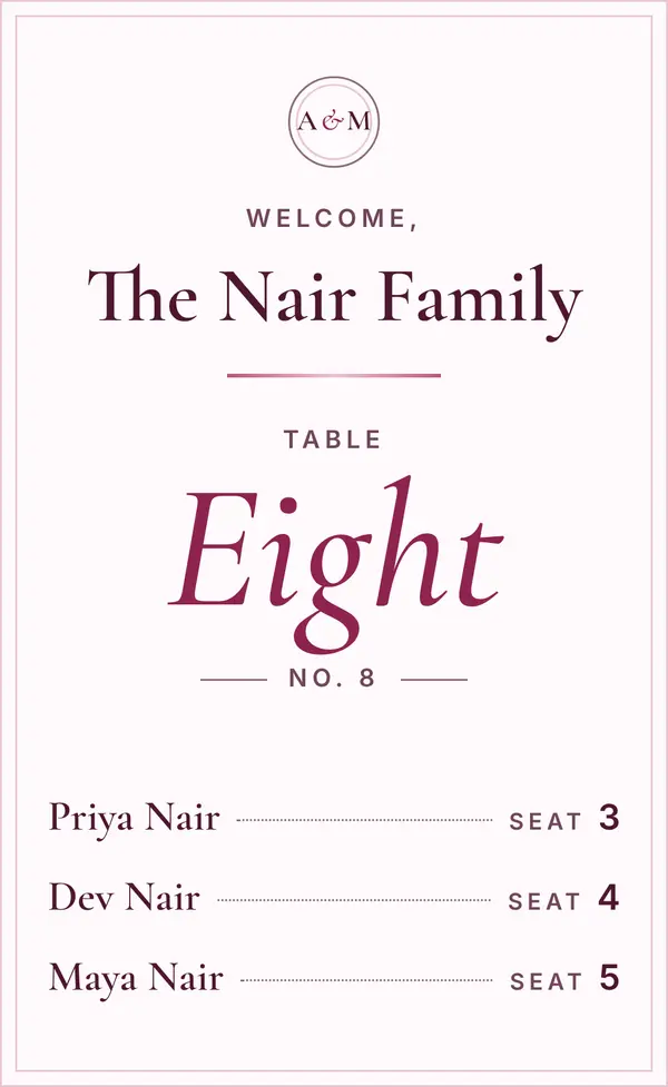 The place card in the Rosa Quince look: blush paper, plum italic.