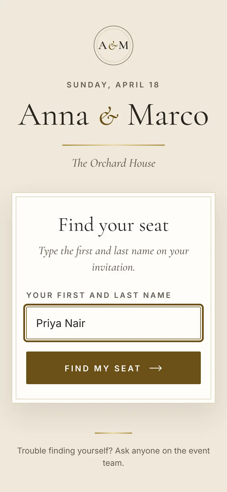 The guest page on a phone: the Anna & Marco card, “Find your seat”, and the name Priya Nair typed into the box.