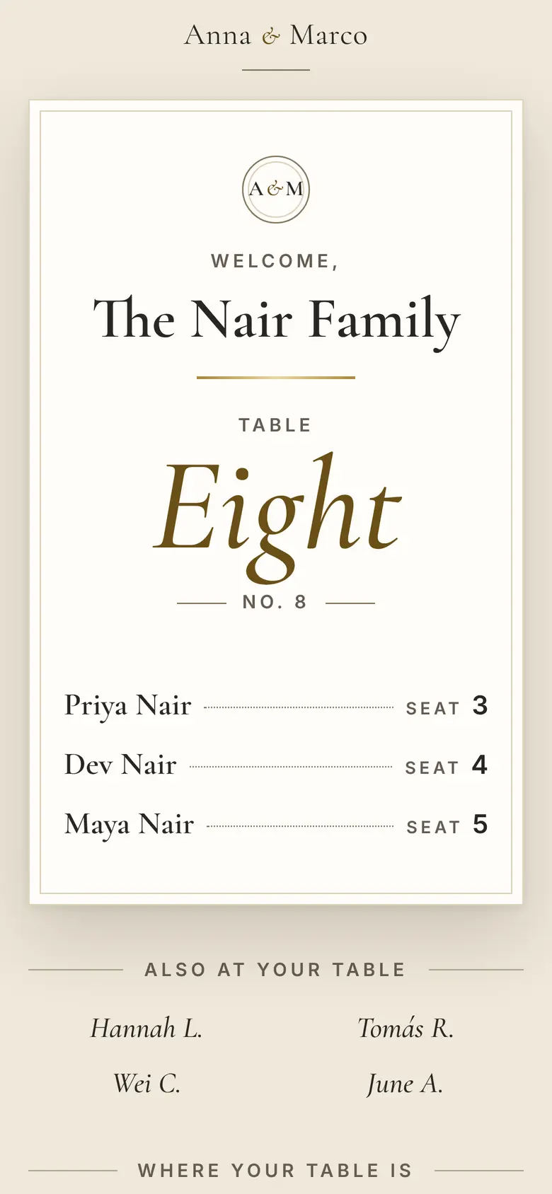 The result on a phone: a place card for the Nair Family, Table Eight, with Priya, Dev and Maya at seats 3, 4 and 5.